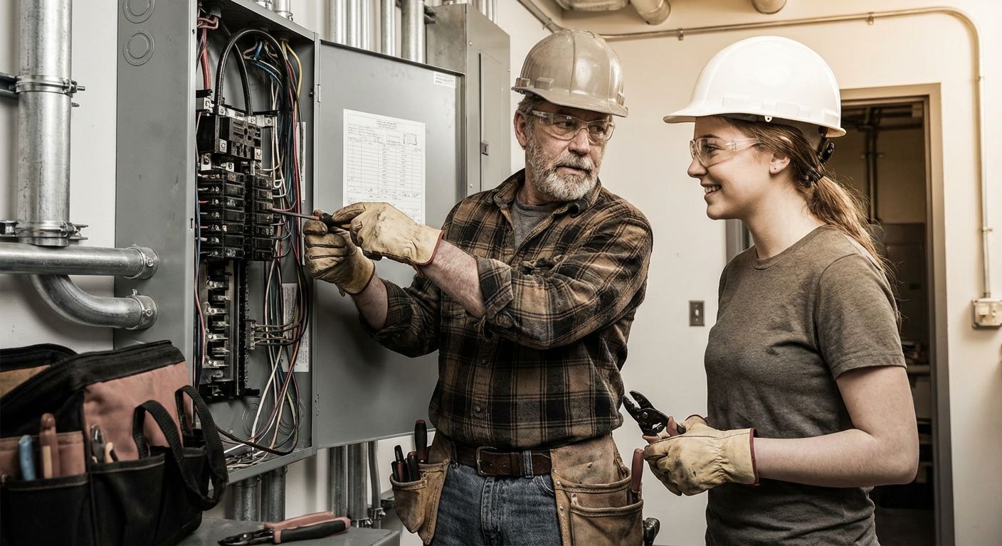 Electrician apprentice learning high-voltage work on the job