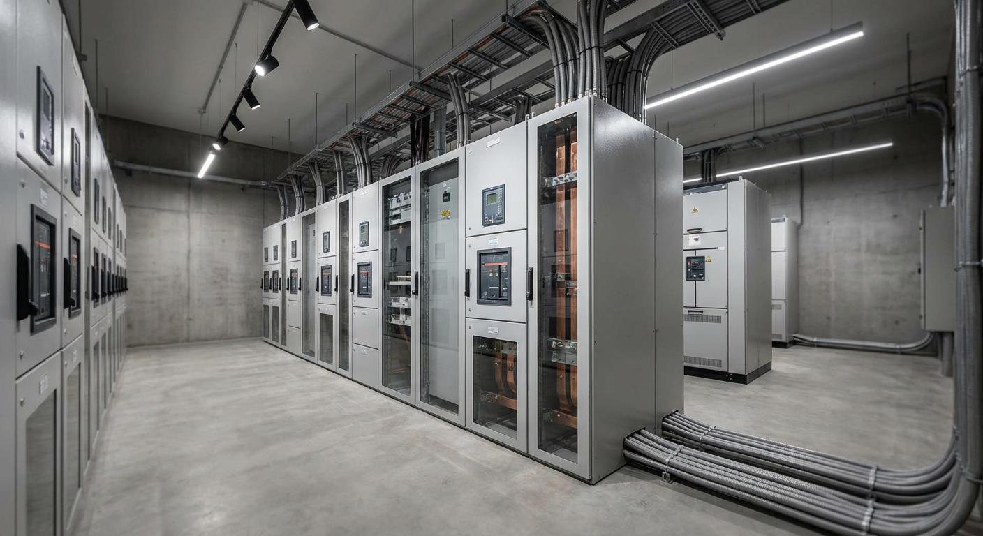 Industrial switchgear room with high-voltage panels