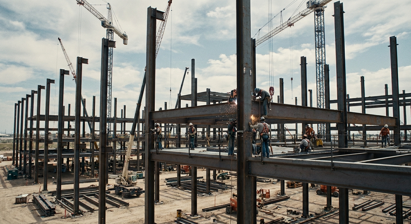 Data center building steel frame under construction