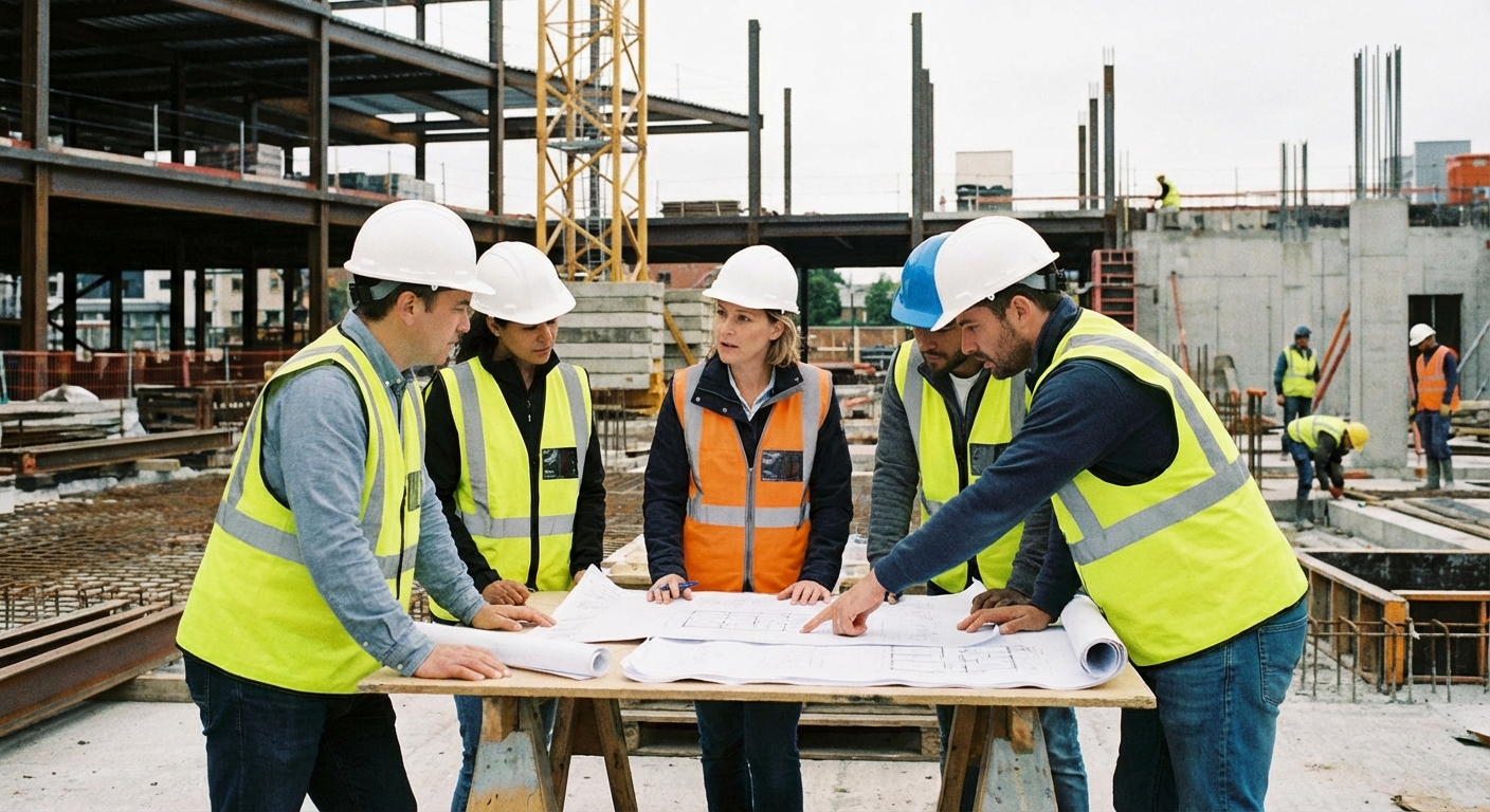 Construction project manager leading site meeting on data center project
