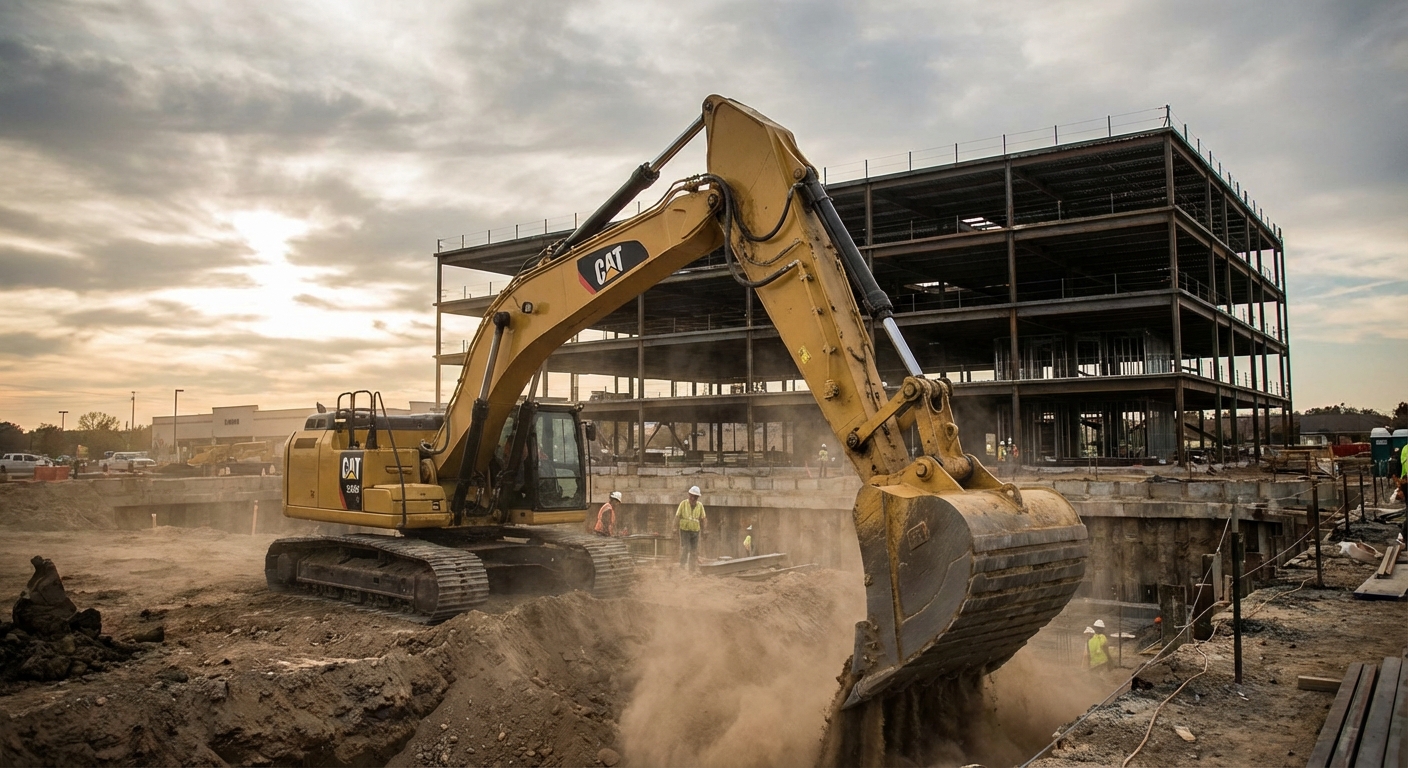 Excavator digging foundation for data center campus construction