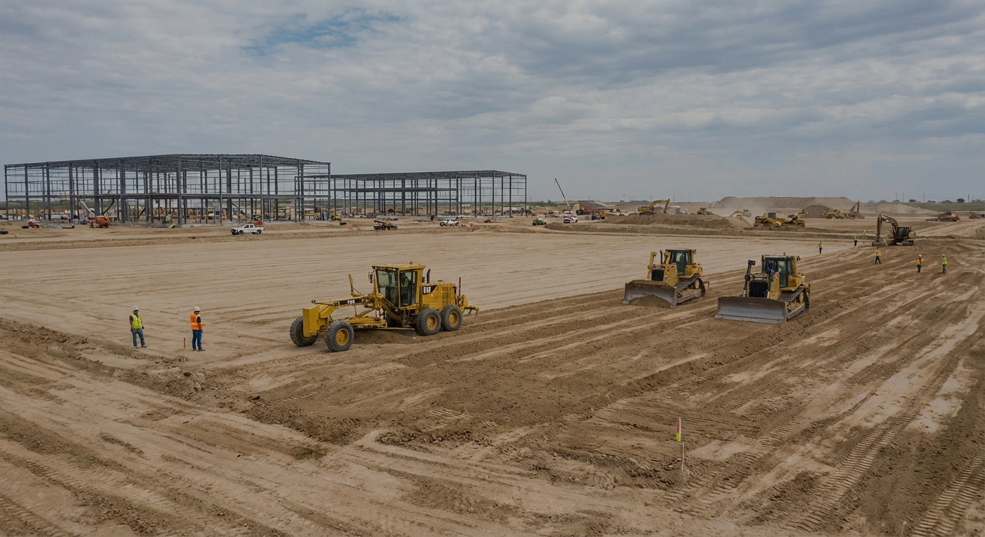 Heavy equipment grading a large pad for data center construction