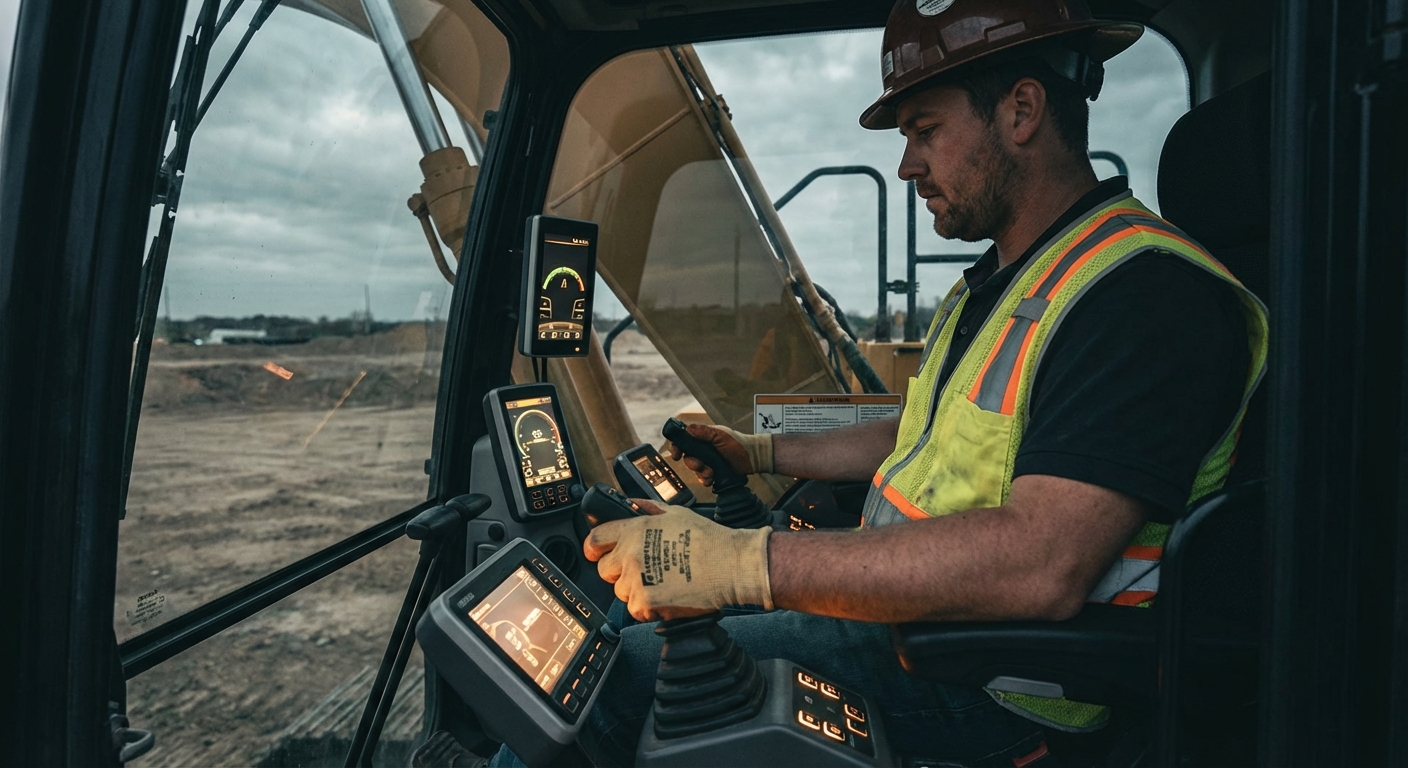 Heavy equipment operator in excavator cab on construction site