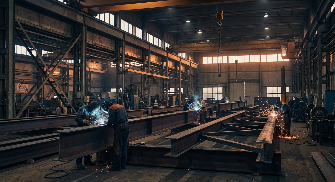 Structural steel fabrication shop floor for data center components