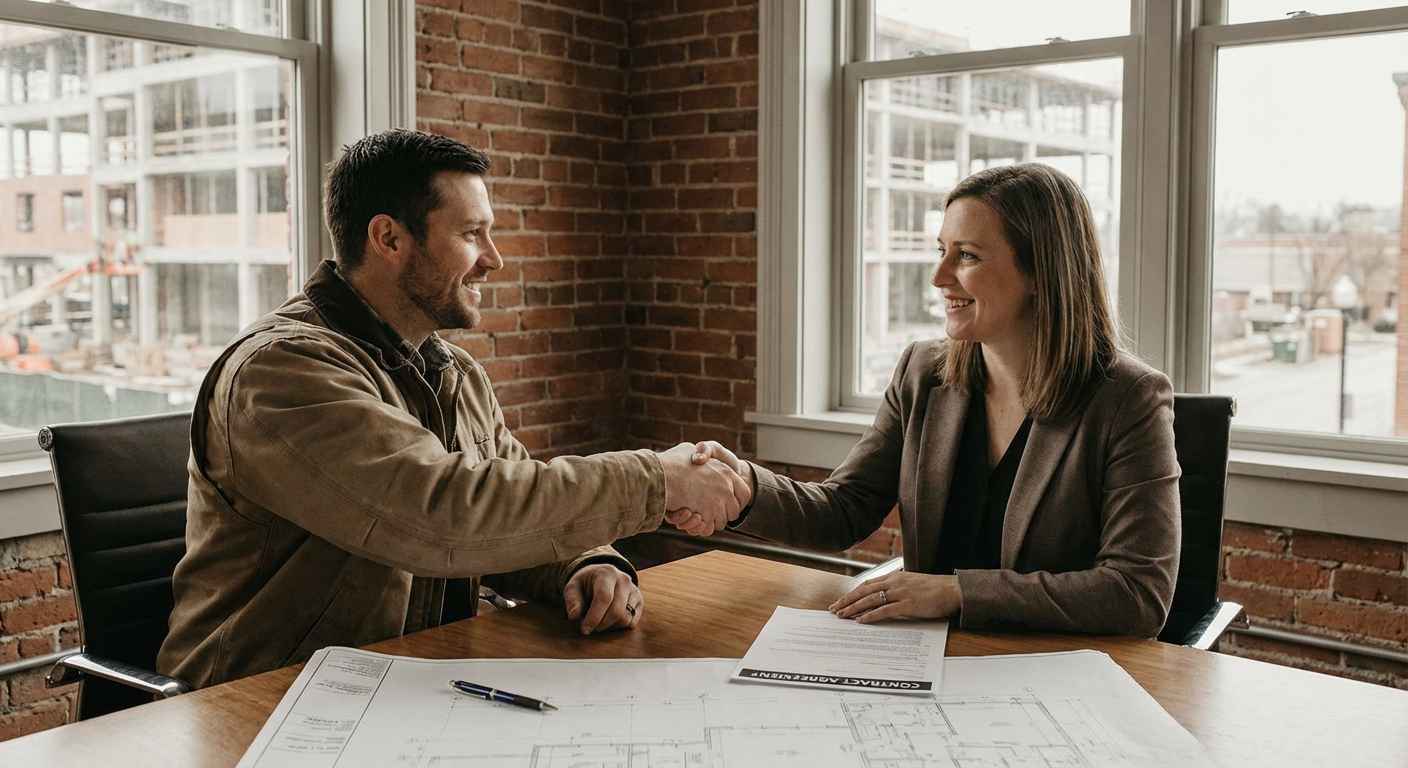 Trade business owner and client reviewing and signing a service contract