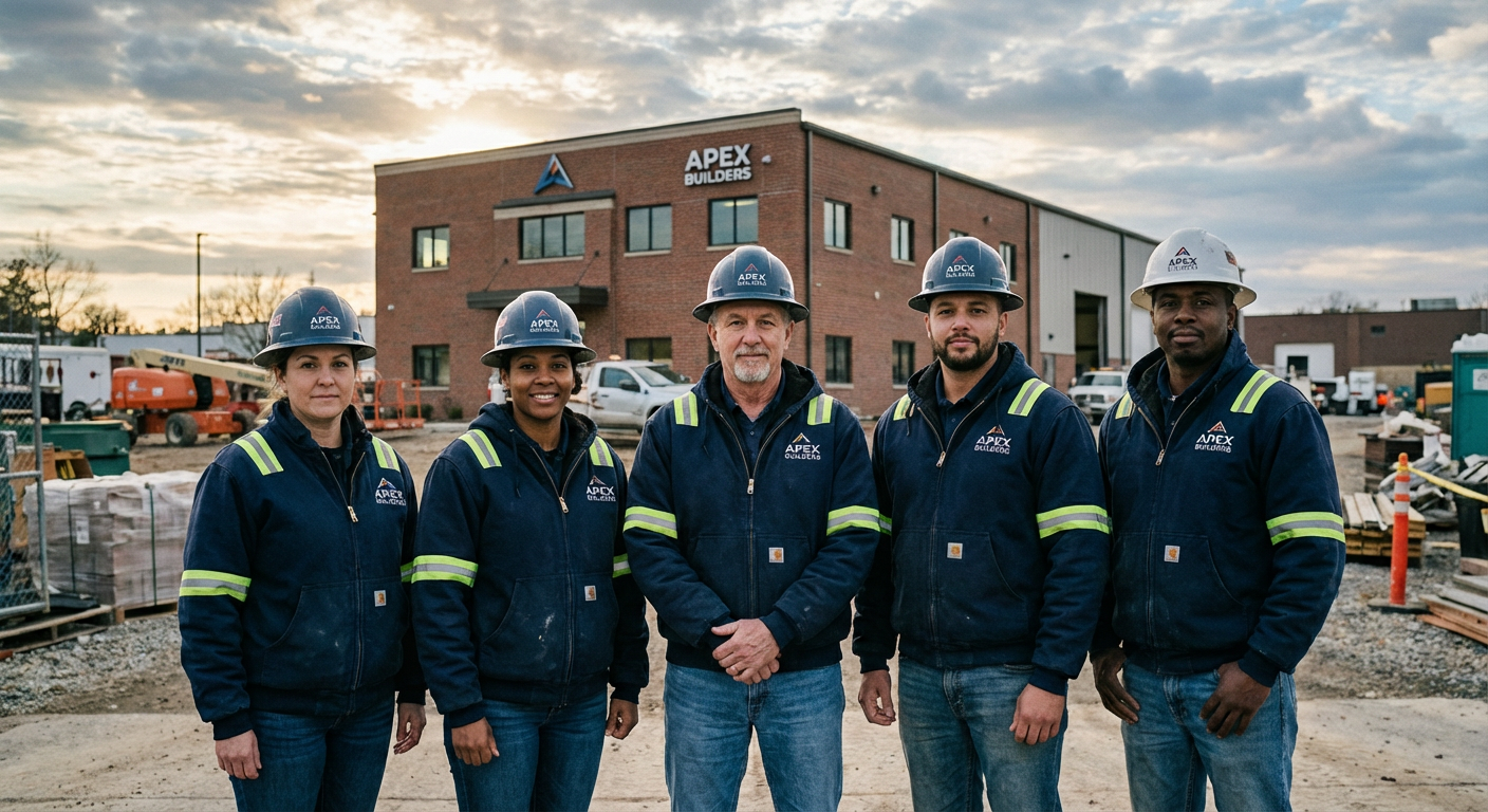 Trade business owner standing with their crew in front of branded service vehicles