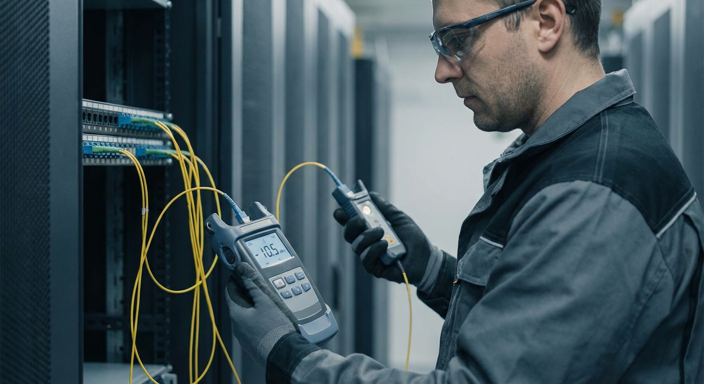 Fiber optic technician using light meter for testing