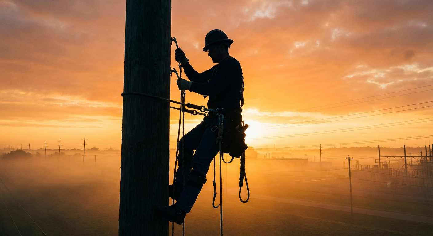 Utility lineworker climbing a power pole for grid work