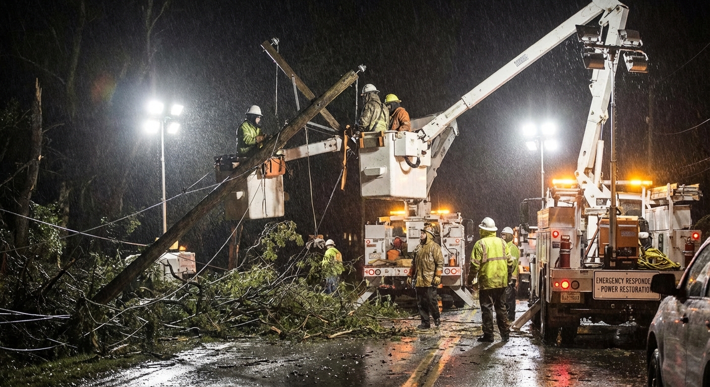 Lineworker crew repairing storm damage to power lines