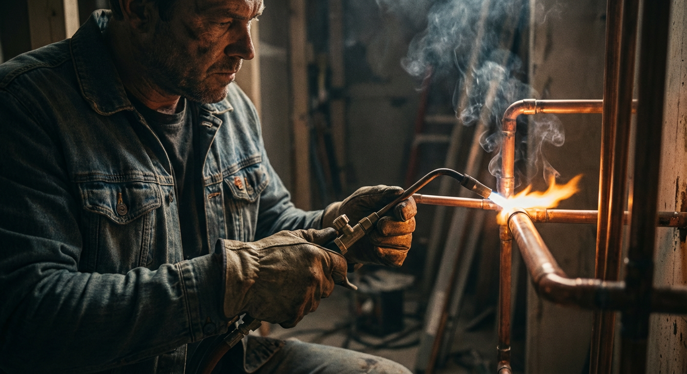 Pipefitter brazing copper pipe for HVAC cooling system