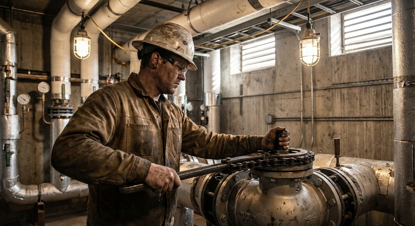 Pipefitter working on chilled water system installation