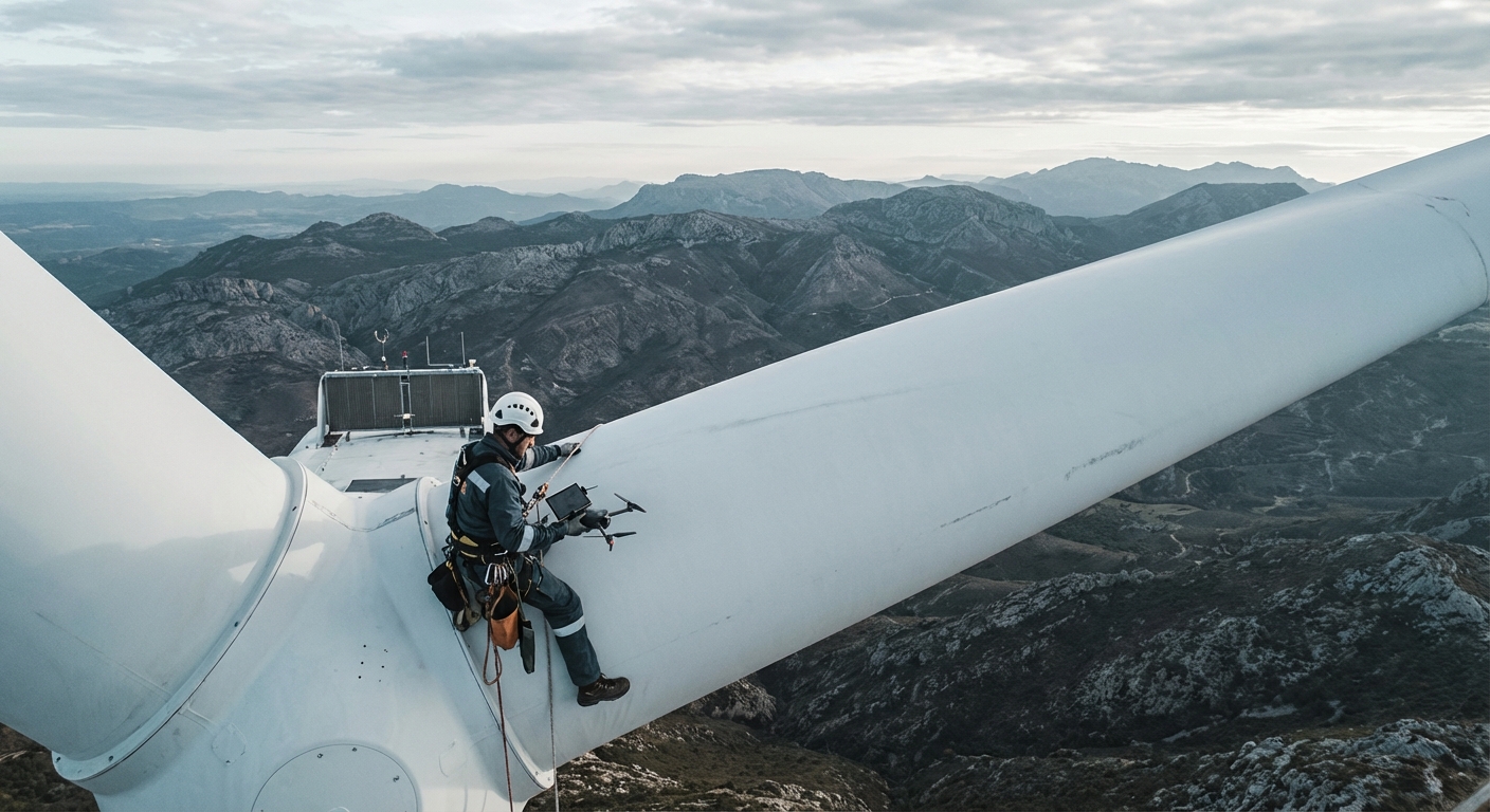 Wind turbine blade inspection using climbing equipment