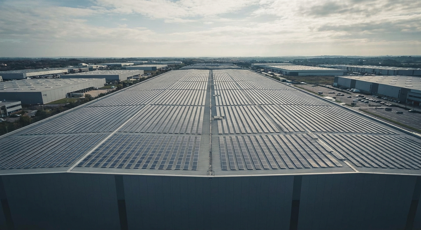 Commercial rooftop solar array installation in progress