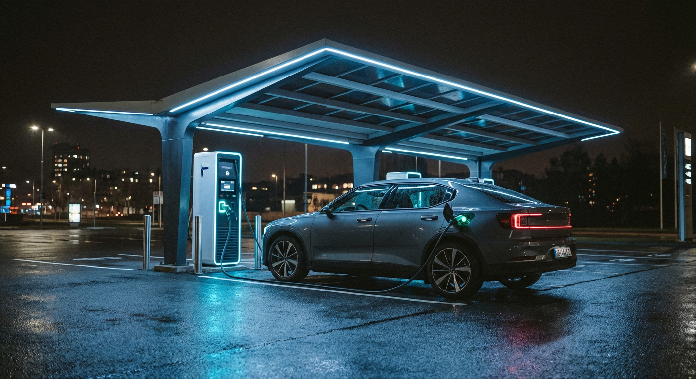 EV charging station illuminated at night showing demand