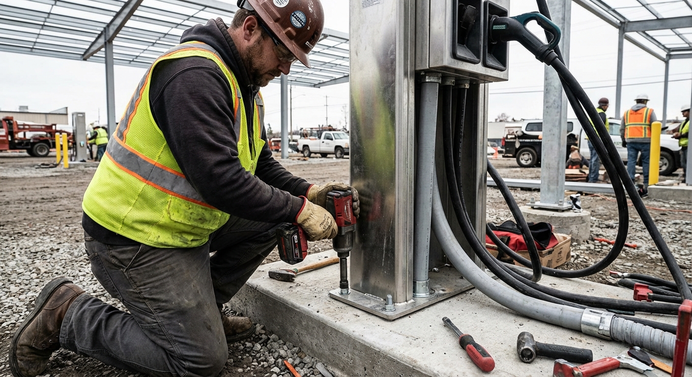Level 3 DC fast charger installation at commercial site